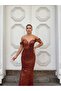 Women's Orange Rope Strap Off-Shoulder V-Neck Tulle Detailed Fully Sequined Fishnet Long Evening Dress - 4