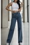 Dyon Lycra Women's Medium Blue Super High Waist Loose Leg Denim Loose Palazzo Trousers - 7