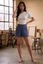 Women's Open-Shoulder Short-Sleeved White T-Shirt with Waist Fit - Indigo Blue Muslin Fabric Shorts - Top and Bottom Set - 2