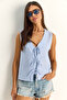 Women's White Navy Blue 100% Cotton Thick Strap Front Tie Detailed Striped Peplum Blouse 60282045