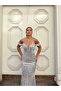Women's White Rope Strap Off-Shoulder V-Neck Tulle Detailed Fully Sequined Fishnet Long Evening Dress - 3