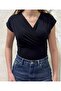 Women's Double Breasted Collar Draped Short Sleeve V-Neck Stretch Fabric Casual Stylish Blouse 202 - 3