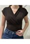 Women's Double Breasted Collar Draped Short Sleeve V-Neck Stretch Fabric Casual Stylish Blouse 202 - 2