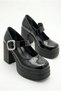 Women's High Heeled Stylish Buckle Elastic Band Closed Toe Black Ballerina Loafer Shoes - 2