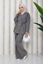 Women's Gray Buttoned Belt Detailed Double Denim Hijab Set Nbft010 - 3