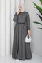 Women's Gray Shirt Detailed Maxi Length Striped Hijab Dress Nbft011 - 4