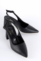 Women's Black Matte Leather Slingback Pointed Toe Thick Heeled Stylish Shoes 88