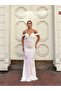 Women's Rope Strap Off-Shoulder V-Neck Tulle Detailed Fully Sequined Fishnet Long Evening Dress