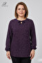 Women's Purple Plus Size Star Patterned Crew Neck Lace-Up Lycra Viscose Mother Combed Cotton Blouse