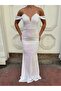 Women's Rope Strap Off-Shoulder V-Neck Tulle Detailed Fully Sequined Fishnet Long Evening Dress - 3
