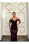 Women's Purple Rope Strap Off-Shoulder V-Neck Tulle Detailed Fully Sequined Fishnet Long Evening Dress - 4