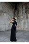 Women's Black One-Shoulder Glitter Fabric Stone Detailed Gathering Draped Slit Maxi Evening Dress - 5