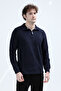 Men's Stand Collar Half Zipper Embroidered Sweatshirt Navy Blue - 26K 6137 - 3
