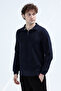 Men's Stand Collar Half Zipper Embroidered Sweatshirt Navy Blue - 26K 6137 - 4