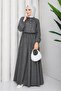 Women's Gray Shirt Detailed Maxi Length Striped Hijab Dress Dpft011 - 3