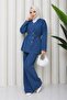 Women's Navy Blue Buttoned Belt Detailed Double Denim Hijab Set Dpft010