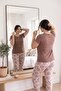 Women's Brown Plus Size Patterned Crew Neck 3 Button Lycra Viscose Short Sleeve Pajamas Set - 7
