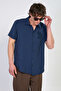 Men's Collar Embroidered Short Sleeve Shirt - Navy Blue - 2