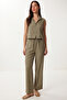 Linen Top and Bottom Set with Gold Accessories Laz0001 Khaki - 3