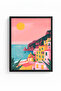 Black Wood Framed Retro Painting - Mediterranean Coast Pastel Tones |   Huhu2568 - Single Table Black Frame - 2