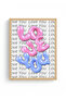 Natural Wood Framed Retro Painting - Pink Blue Love You Bubble Pattern |   Huhu2071 - Single Table Natural Wood Frame - 2