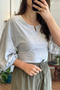 Gray Balloon Sleeve Cotton Basic T-Shirt - 4