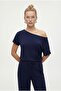 Women's Zeny Modal Touch Boat Neck Elastic Waist Pocketed Navy Blue Top and Bottom Set - 2