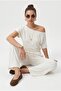 Women's Zeny Modal Touch Boat Neck Elastic Waist Pocketed Ecru Top and Bottom Set - 2