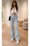 Ice Snow Wash Lycra Super High Waist Loose Leg Denim Palazzo Trousers