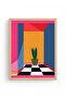 Natural Wood Framed Geometric Patterned Painting - Retro |   Pink-Orange |   Huhu1919 - Single Table Natural Wood Frame - 2