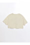 Xside Beige Crew Neck Printed Short Sleeve Oversize Women's Crop - 7