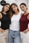 Women's 3-Pack Black-White-Dark Burgundy Zero Sleeve Camisole Body-Crew Neck 100% Cotton Undershirt Blouse