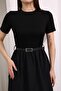 Women's Short Sleeve Belted Black Dress - 2