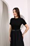 Women's Short Sleeve Belted Black Dress - 3