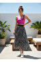 Women's Black and White Zebra Patterned Pleated Chiffon Long Skirt - Lined Elastic Waist Maxi Skirt - 4
