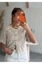 Women's Beige Bohemian Lace Embroidered Sequined Blouse - V-Neck Short Sleeve Stylish Crop Cardigan with Guipure Detail - 6