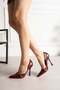 Rensa Women's Thin Heeled Front Gold Banded Stiletto Burgundy Leather - 2