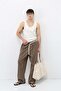 Belt detailed oversize linen trousers mink - 7