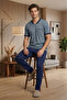 New Season Indigo Men's Summer V-Neck Jacquard Design Short Sleeve Oversize (Oversized) Pajama Set - 3