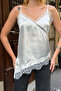 Women's Ecru Asymmetrical Cut Lace Detailed Strappy Satin Blouse - 7
