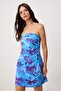 Blue Floral Pattern Strapless A-Line Short / Mini Satin Woven Dress Twoss26El00535 - 2