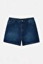 Koyu Mavi Yüksek Lastikli Bel City Boy %100 Pamuk Non-Stretch Büyük Beden Denim Şort TBBSS26AP00017 - 5