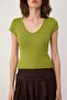 Green Plain Fitted V-Neck Moon Sleeve Short Soft Knitted T-Shirt Twoss26Ts00243 - 3