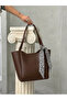 Brown Felt Strap Faux Leather Large Size Women's Hand and Shoulder Bag