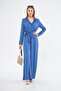 Women's Blue Pocketed Elastic Waist Belt Piece Long Sleeve Round Neck Buttoned Comfortable Cut Overalls 3297506 - 5