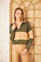Women's Khaki Beige Long Sleeve Zippered Polo Collar Color Block Basic Loose Sweatshirt Blouse 700-3471242 - 2