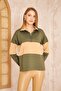 Women's Khaki Beige Long Sleeve Zippered Polo Collar Color Block Basic Loose Sweatshirt Blouse 700-3471242 - 3