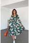 Women's Emerald Satin Double-Breasted Collar Flared Long Sleeve Dress Belt Pieces 3236341 - 5