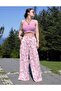 Women's Linen Fuchsia White Patterned Elastic Waist Pocketed Wide-Leg Oversized Casual Summer Trousers 3369187 - 3