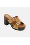 Women's Tan Double Metal Buckle Platform Heeled Suede Slippers - 7